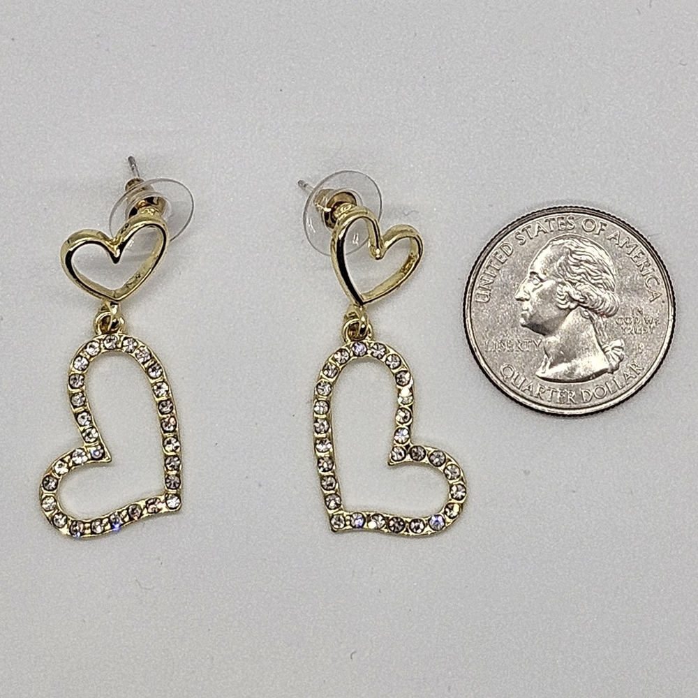 I'LL TRY TO RESTOCK Double Heart Drop Rhinestone Earrings Gold Tone S925 - Picture 7 of 13